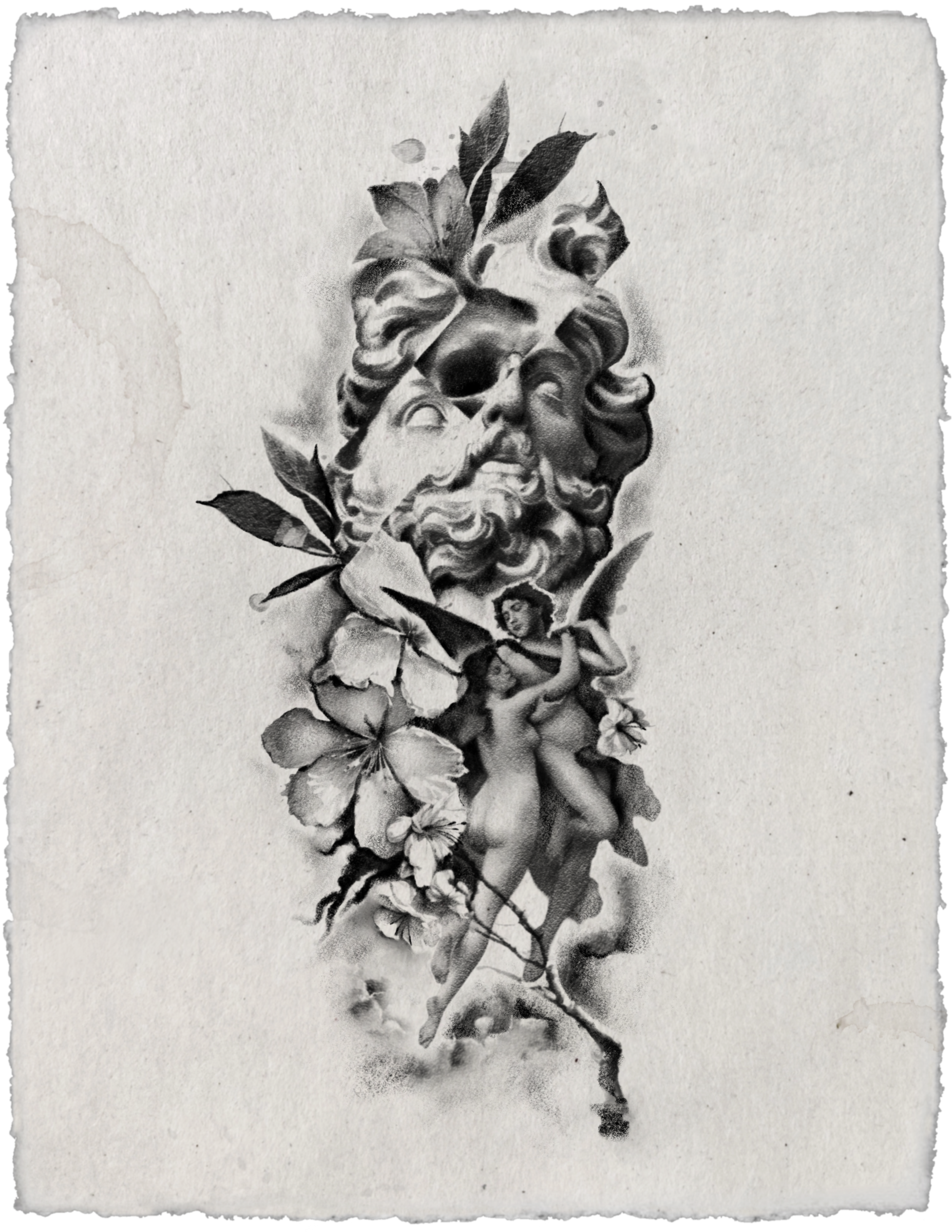 Black and grey tattoo design combining a bearded classical sculpture with an exposed skull, two embracing figures, flowers, and leafy branches.