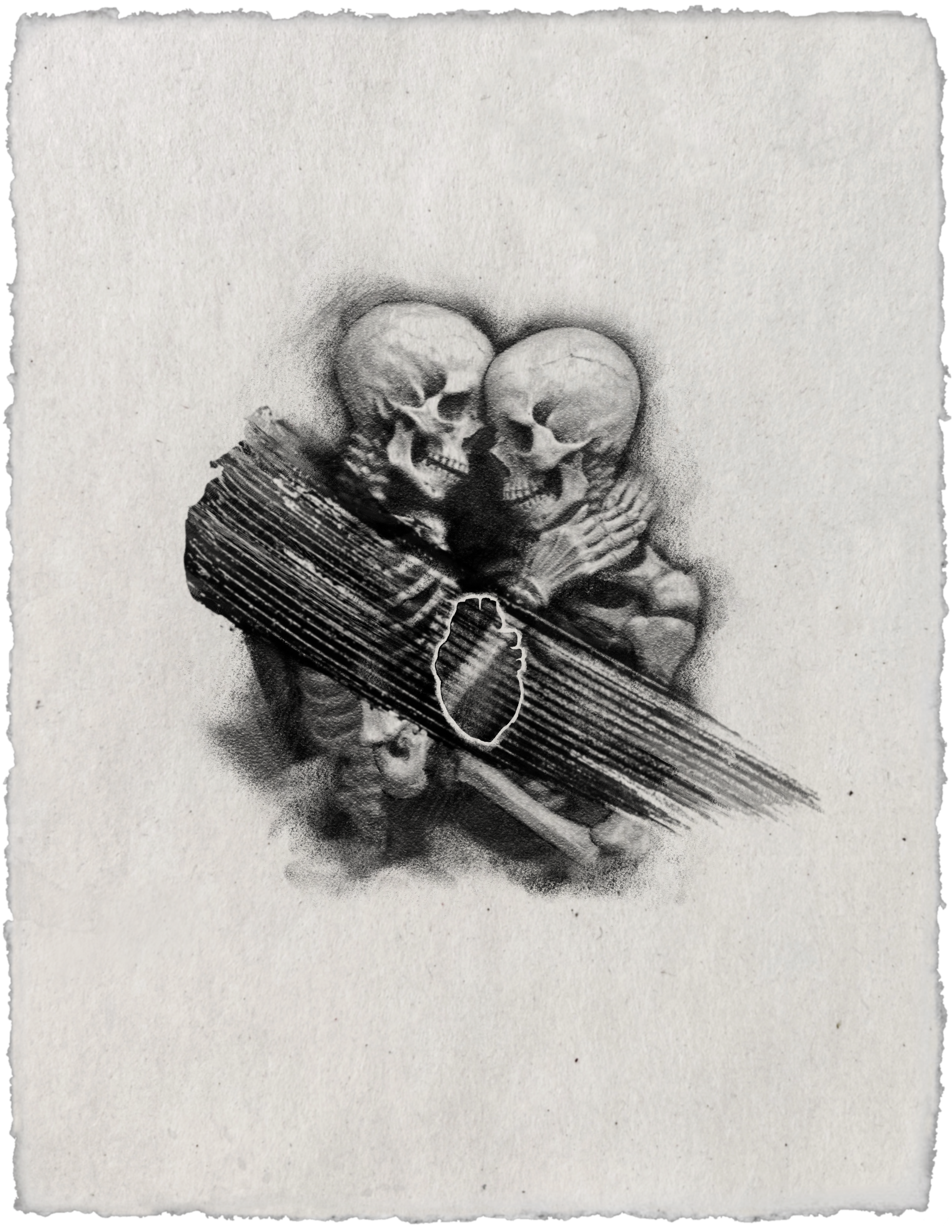 Tattoo design of two skeletons embracing, crossed by bold diagonal brush strokes with an outlined heart near the center.