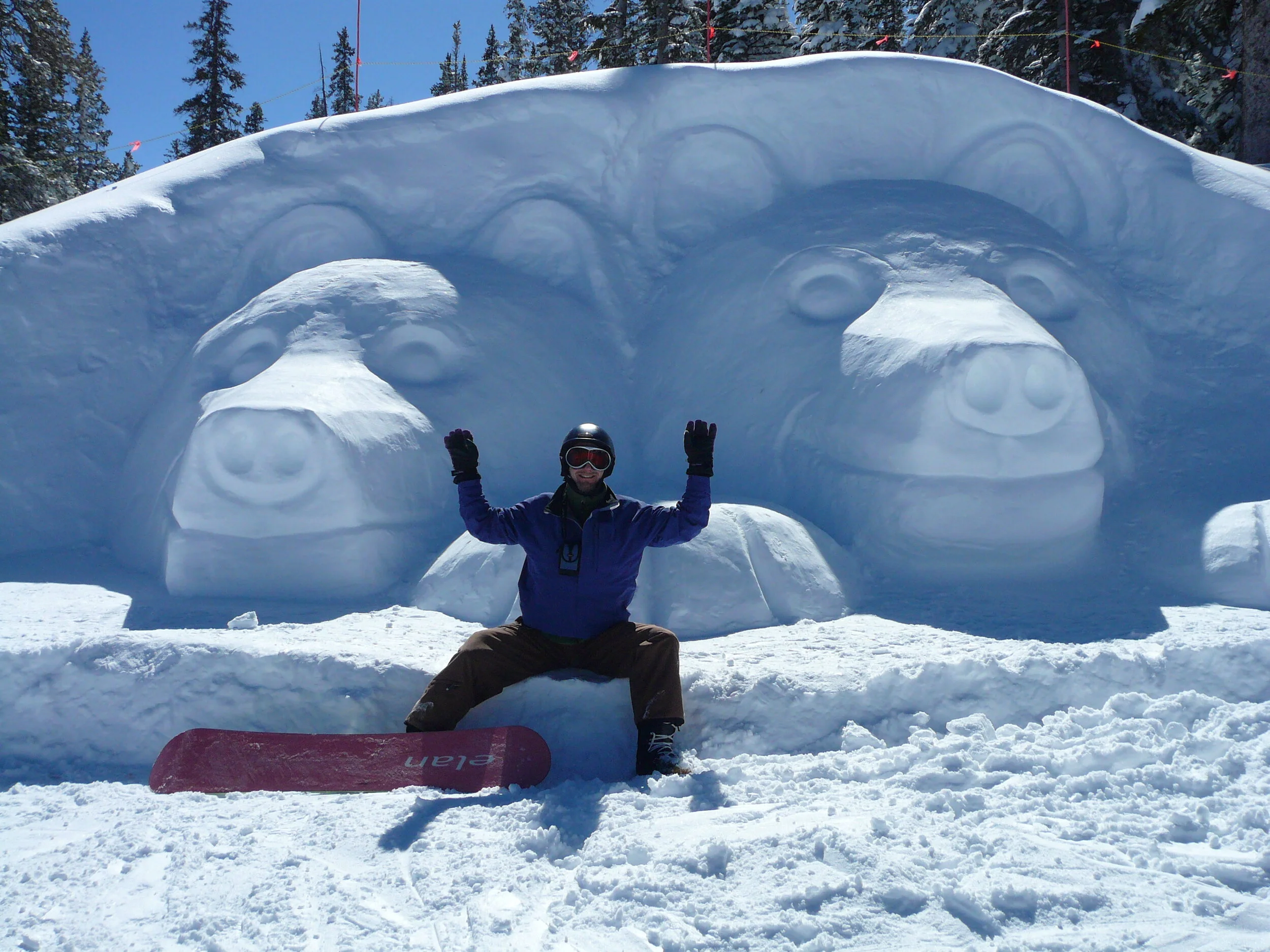 Sifu Kelly in a Bear Qigong Posture in front of two Snow Bears.