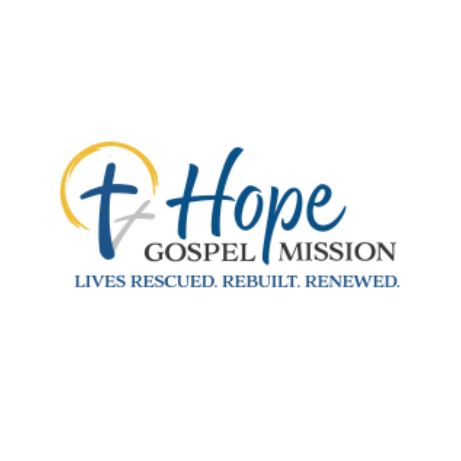 Logo of Hope Gospel Mission featuring a black cross, with the word "HOPE" in large blue letters, "GOSPEL MISSION" in smaller black letters, and the tagline "Lives Rescued. Rebuilt. Renewed." in blue.
