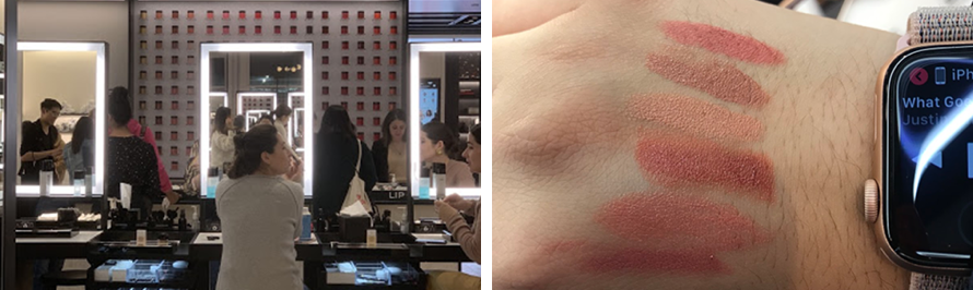 Chanel beauty store (left) &amp; Lip shades a customer applied on her hands in Sephora (right)