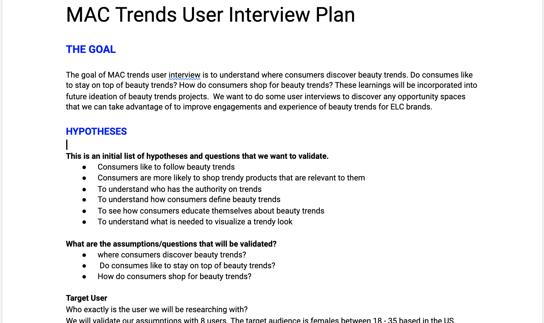 Part of the user research plan