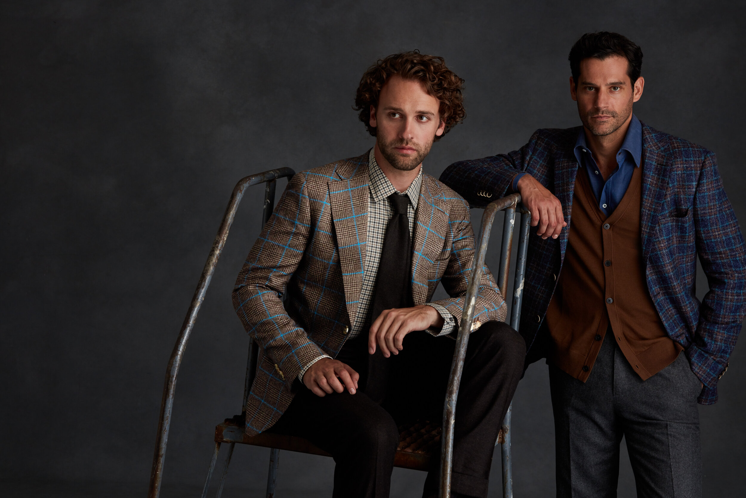 Brown bespoke sports coat with blue windowpane. Blue check bespoke blazer.