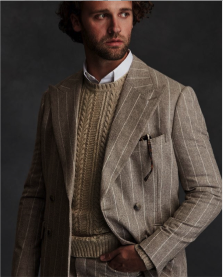 Suit styled with chunky fisherman sweater