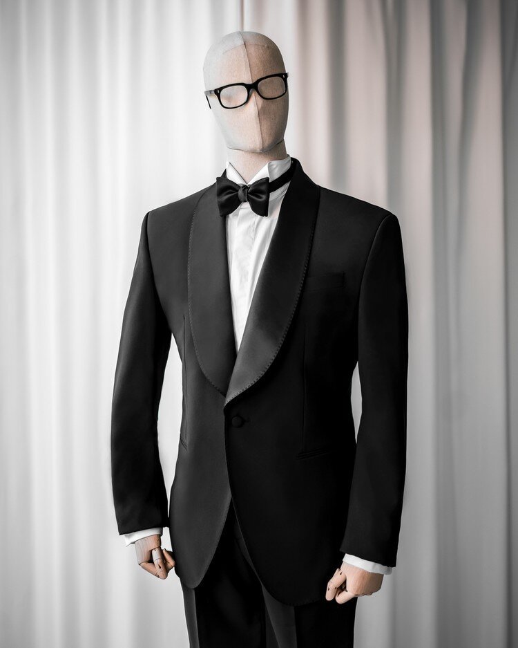 Black shawl lapel custom tuxedo with white dress shirt and bow tie.jpg