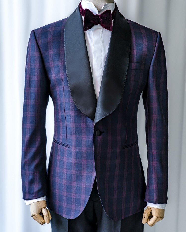 Blue with purple check custom tuxedo with white tuxedo dress shirt and red velvet bow tie.jpg