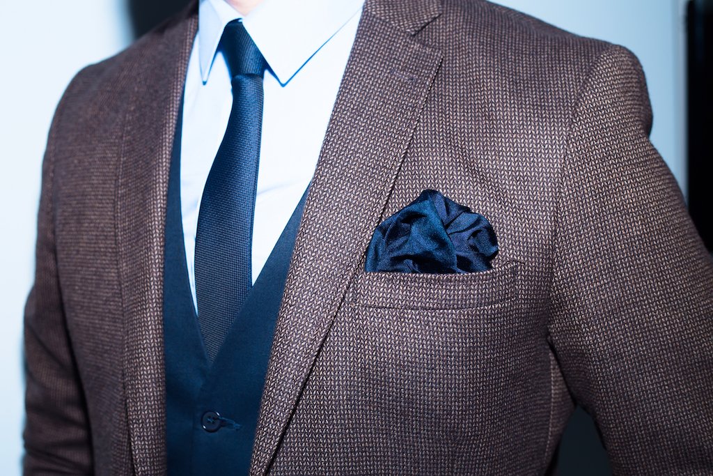 Textured mens custom suit jacket and vest in earth tones