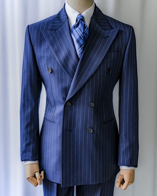 Navy pinstripe double breasted custom suit