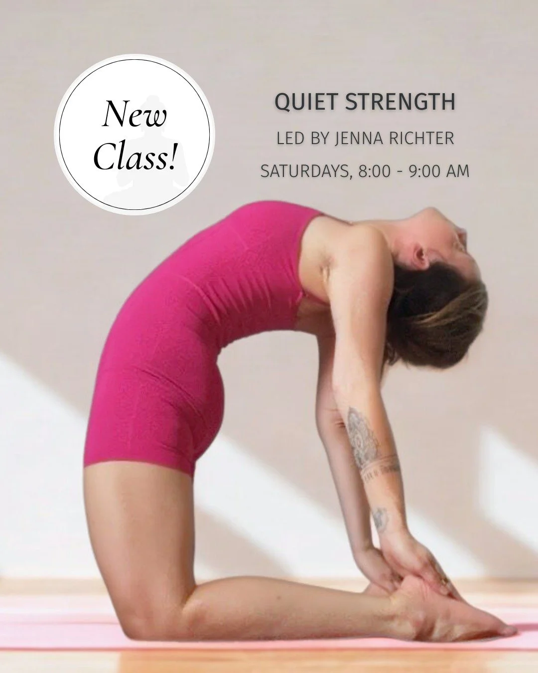 ✨ NEW CLASS ALERT! ✨ 

Quiet Strength
Taught by: Jenna Richter (@americanvedayoga) 
Saturdays 8:00 - 9:00 AM

Comment YOGA to sign up - all are welcome 🧘&zwj;♀️