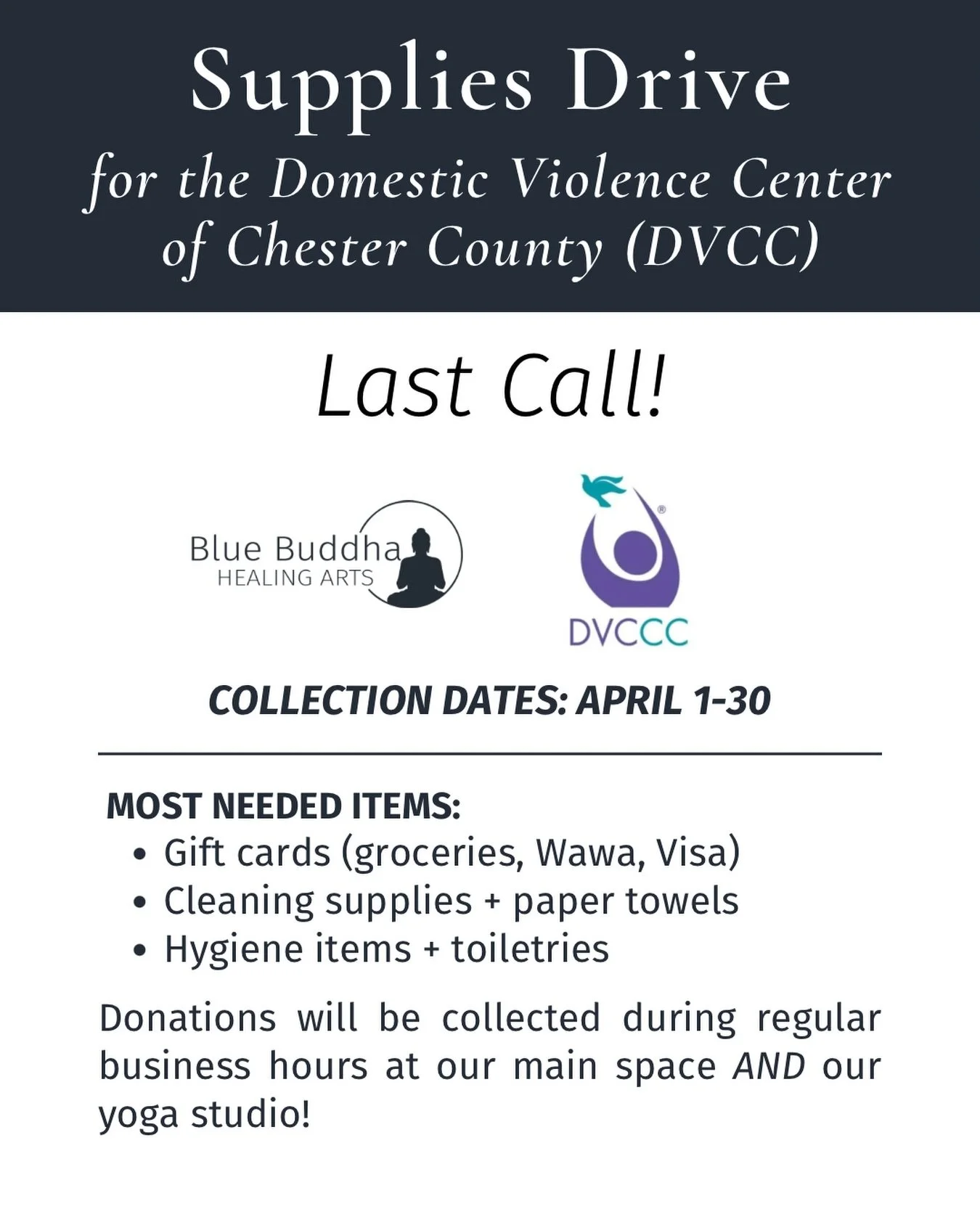 We&rsquo;re collecting donations at our massage and yoga studio for the @dvcccpa - last day to contribute is Thursday, April 30th 🩵