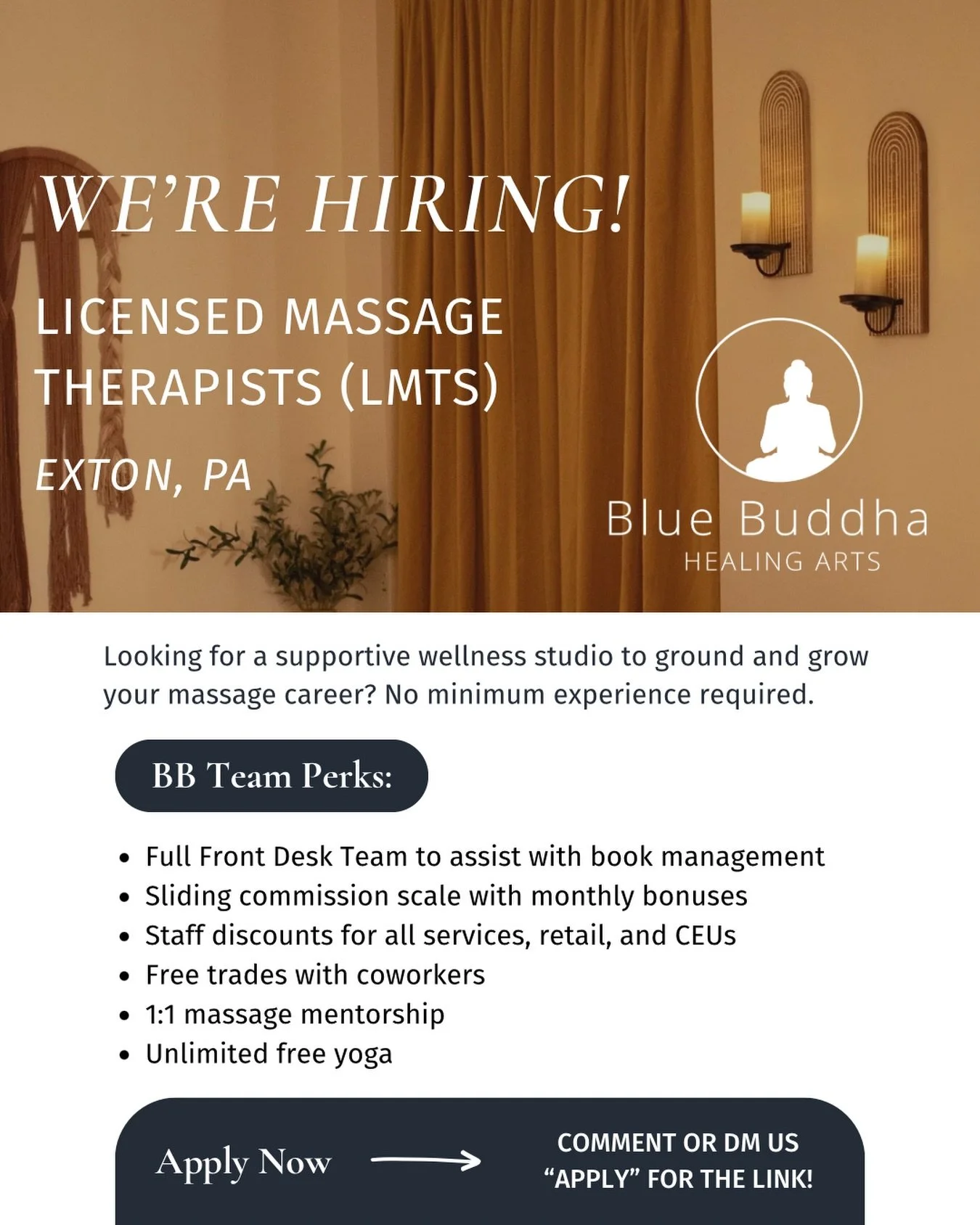 We&rsquo;re looking to hire some LMTs! Located in the heart of Eagleview, we have an awesome BB fam currently made up of 14 talented massage therapists. 

We offer great perks, a fun culture, and tons of room for you to grow and hone your craft 💆 

