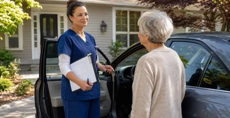 A nurse talking to an elderly woman next to a car outside a house.