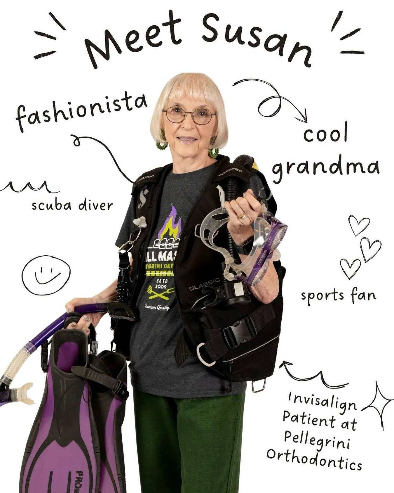 At Pellegrini Orthodontics we have the coolest patients around&hellip;hands-down, no contest! Today we&rsquo;d like to feature one example. Meet Susan!! She&rsquo;s currently undergoing Invisalign treatment all while living her best life, wearing the
