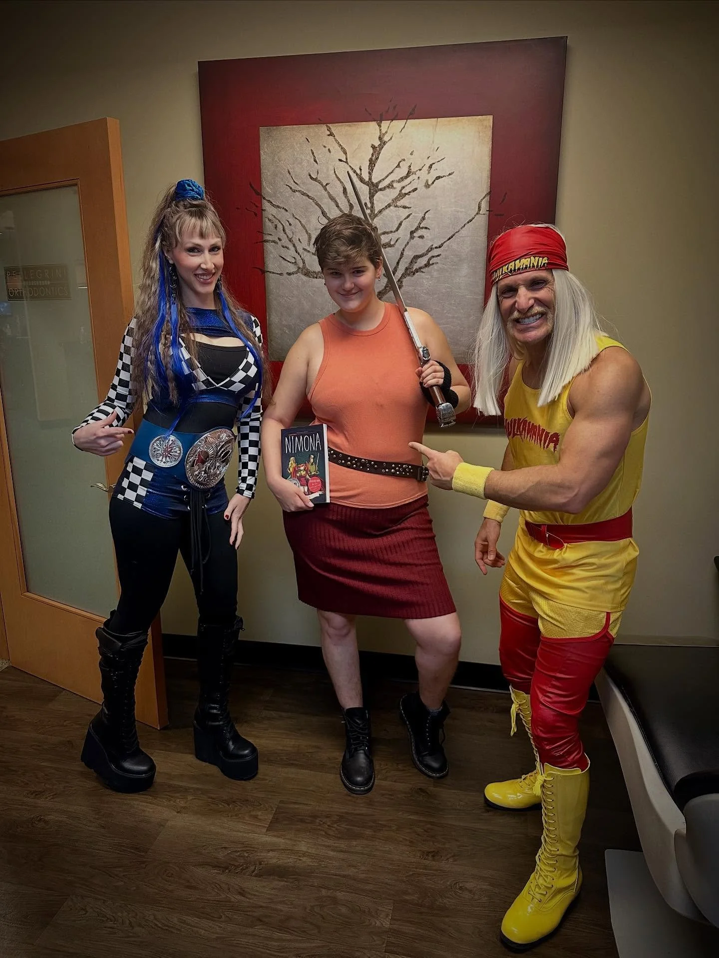 Our totally rad patient Alex got in on the mix this morning and posed in her Nimona costume! #happyhalloween #nimona #hulkhogan #orthodontist