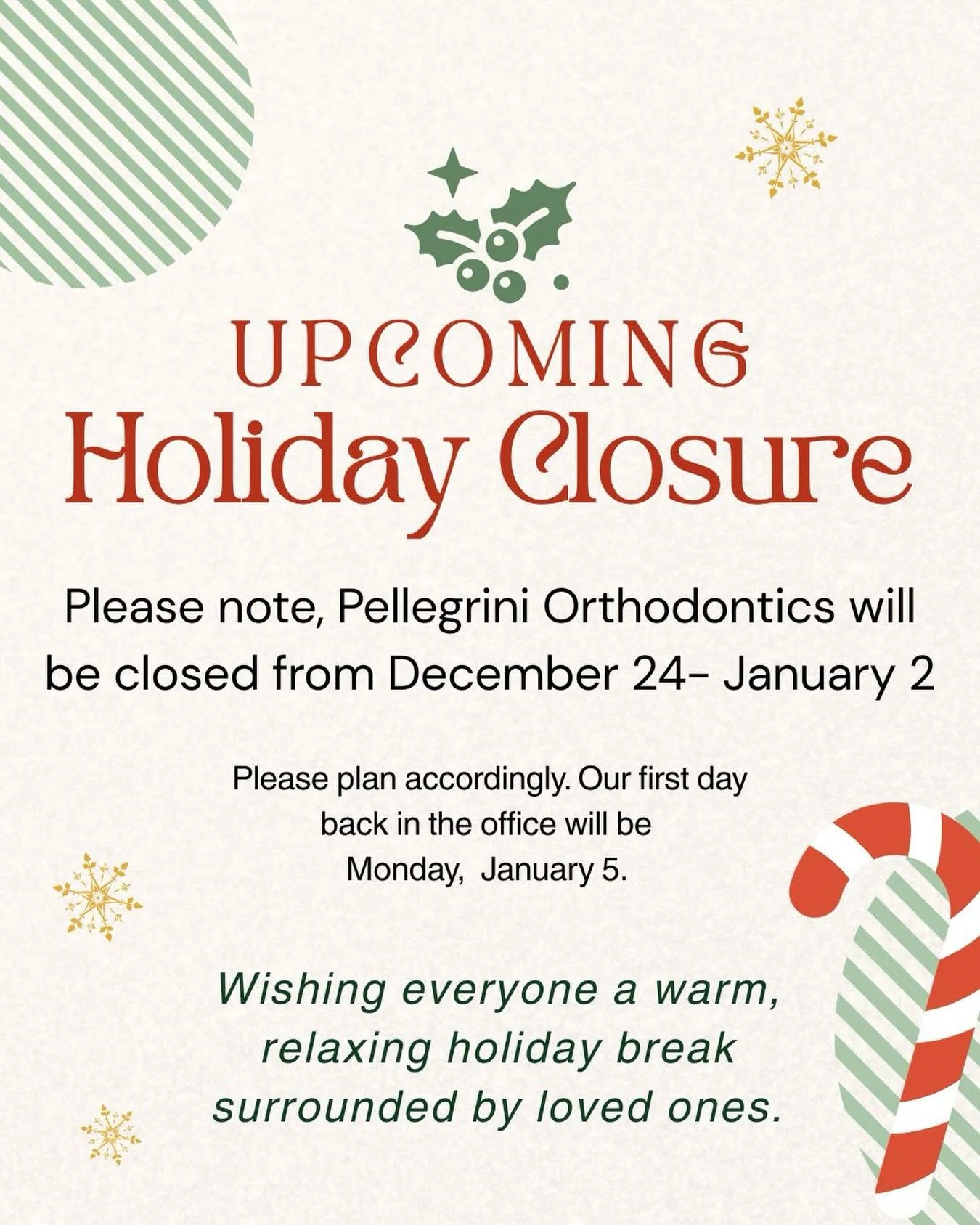 The holiday season is upon us and we want to make our patients aware of our upcoming holiday hours. Please note our office will be closed for an extended period beginning December 24. If you need to be seen before January, please contact our office a
