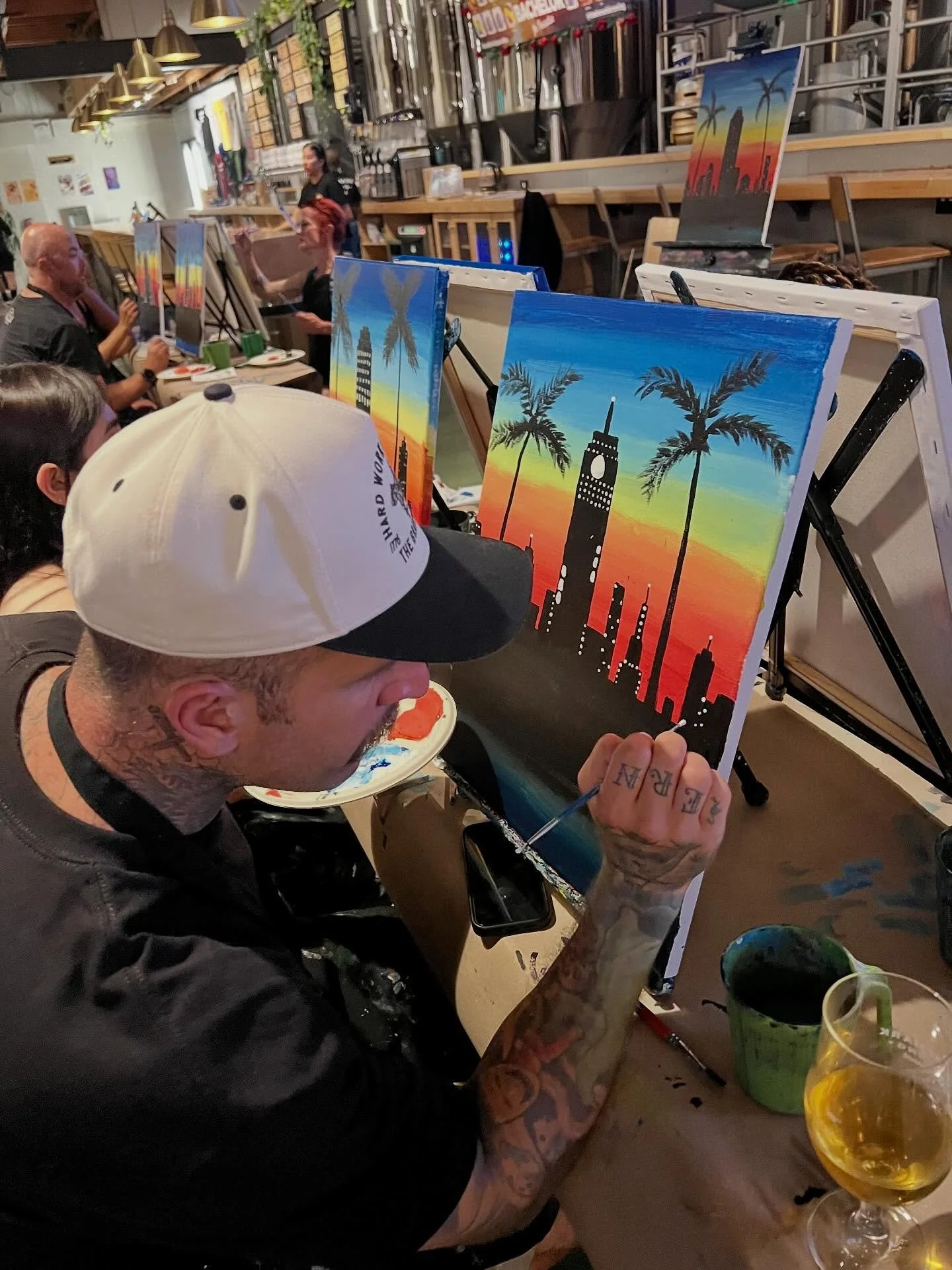 Painting “LA Sunset” at @trademarkbrewing ! Don’t miss the next one this Thursday, 10/2! #bestofla #bestoflosangeles #bestoflb #bestoflongbeach #brushstrokesandbevs #brushstrokesandbeverages #art #artandbeer #painting #paintandsip #