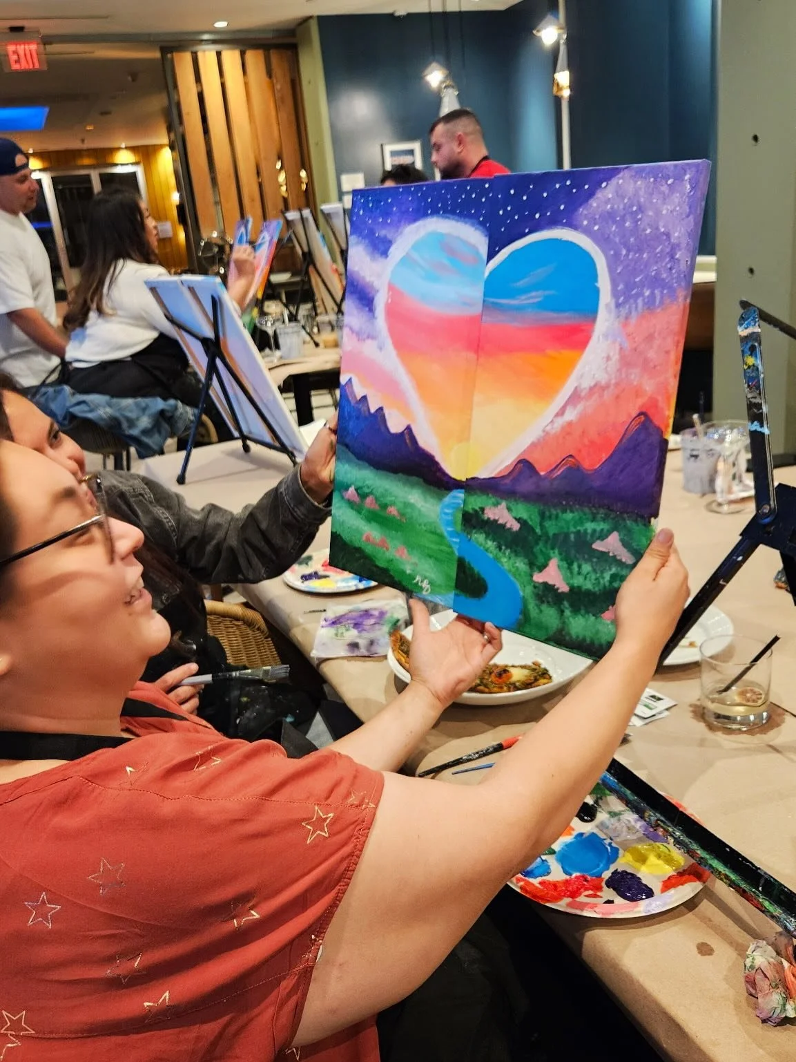 Another wonderful event at @hyattcentriclb painting our new diptych painting: Sunset of the Heart. We had so much fun painting with all of you! #artandwine #artandcocktails #paintandsip #paintnight #longbeach @dtIballiance