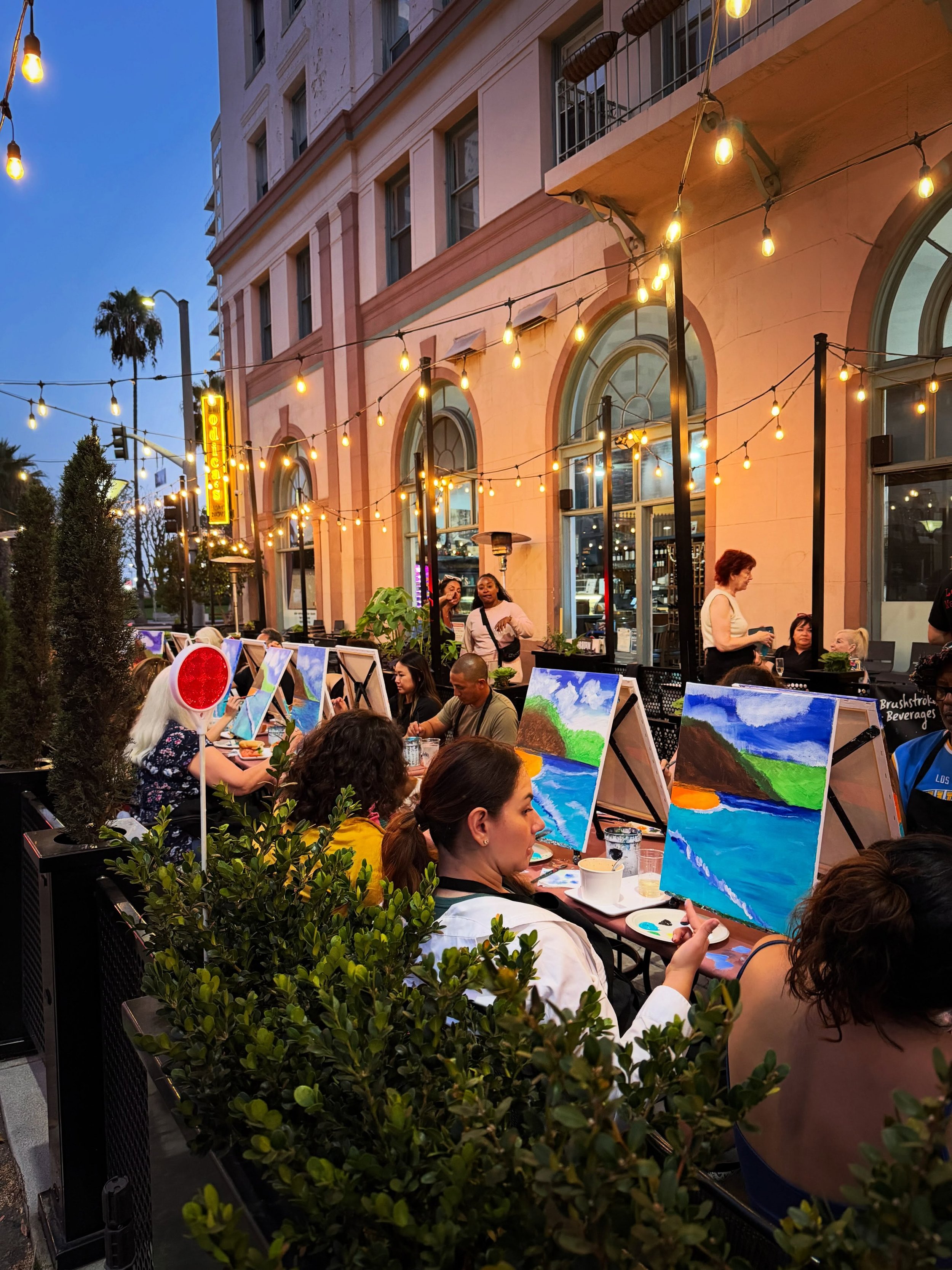 Last Tuesday at @modicas_eat_now !! Such a beautiful evening on their outdoor patio painting &ldquo;Aloha Hawai&rsquo;i&rdquo; - don&rsquo;t miss the next one this Tuesday painting &ldquo;Lavender&rdquo; - sign up on the website! #artandwine #artandb