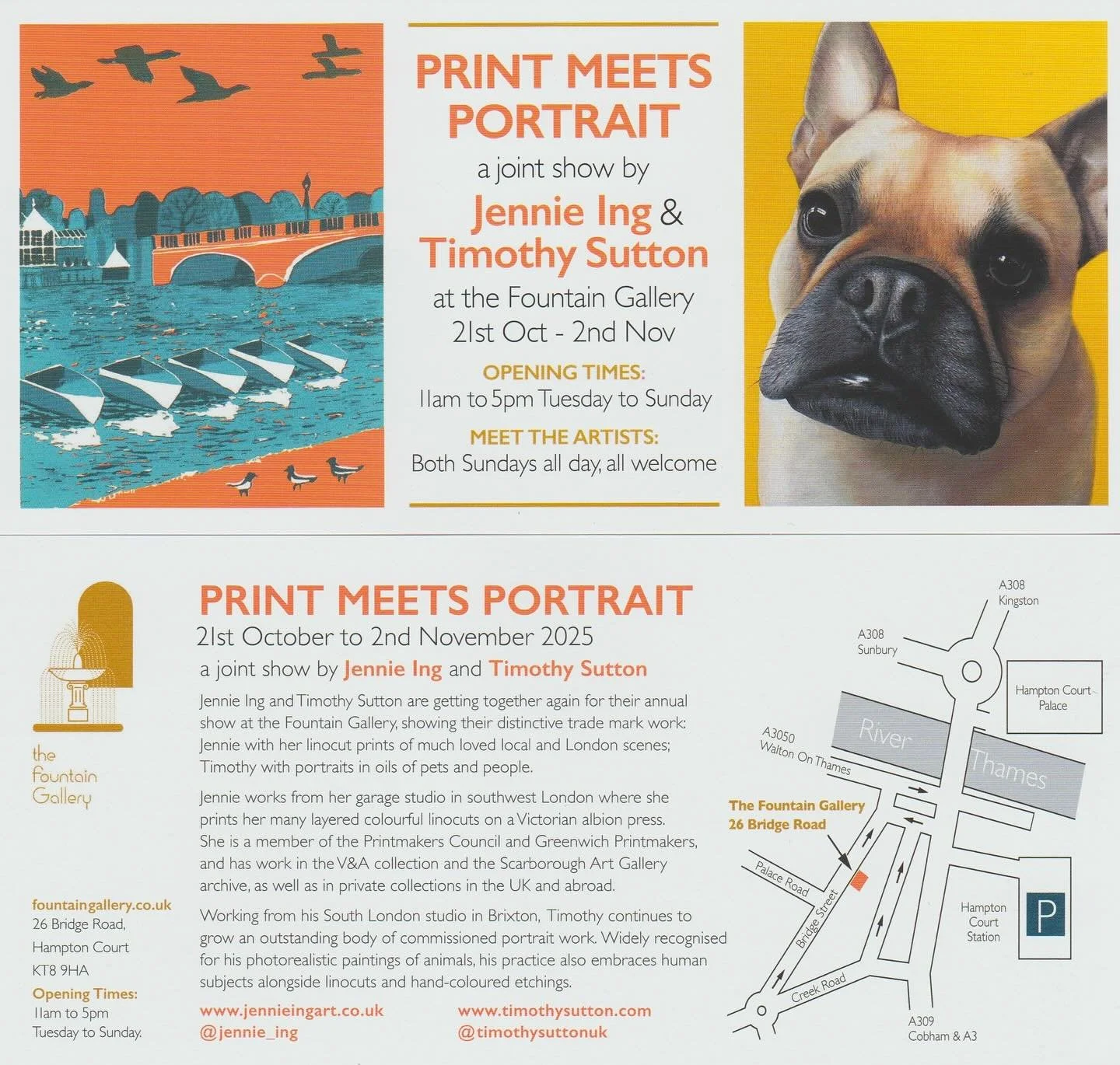Print meets Portrait, a new show opening tomorrow, 21st October with Jennie Ing and Timothy Sutton showing their distinctive trade mark work: Jennie with her linocut prints of favourite local and London scenes; Timothy with portraits in oils of pets