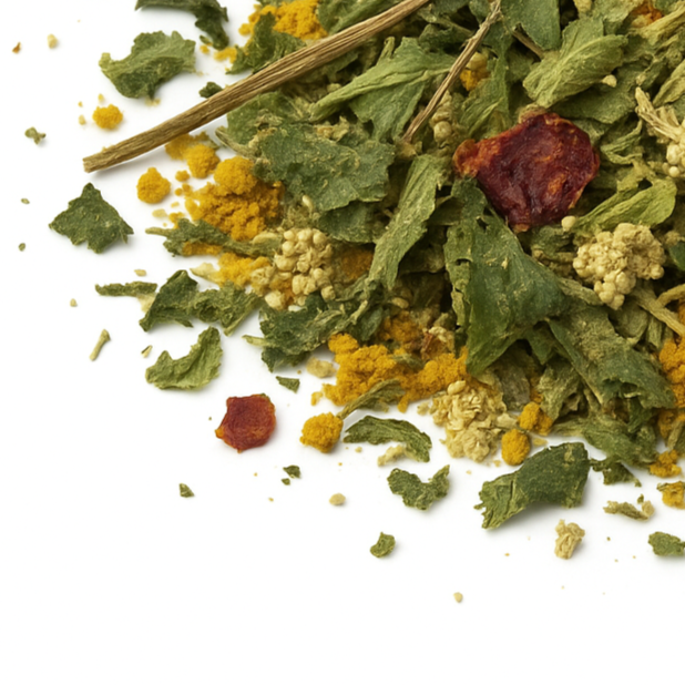 A vibrant herbal tea blend featuring nettle, goldenrod, turmeric, licorice root, peppermint, elderflower, rose hips, yerba santa, and yarrow on a white background. StrangeMakes.Com