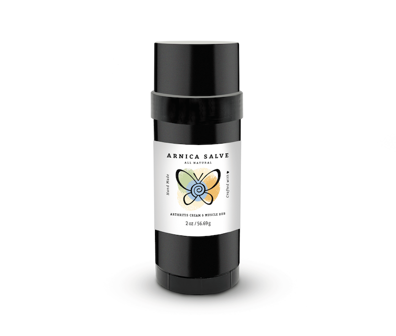 Strange Makes Arnica Salve Stick in a closed cap roll-up tube, an all-natural herbal muscle rub and arthritis relief balm for pain, inflammation, and sore muscles.