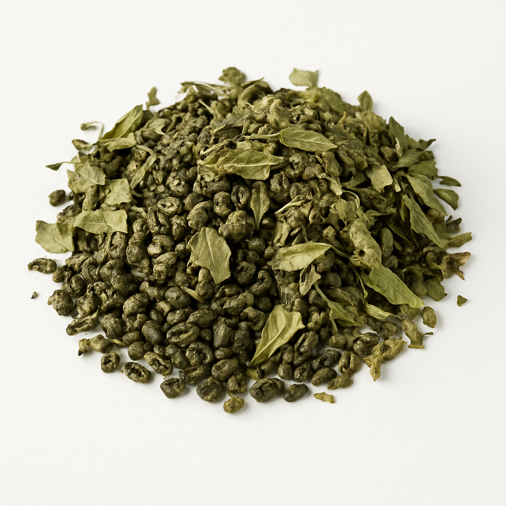 A mound of Moroccan Whiskey loose leaf tea blend on a white background featuring rolled gunpowder green tea pearls and crushed peppermint leaves — a smoky, minty handcrafted StrangeMakes herbal tea.