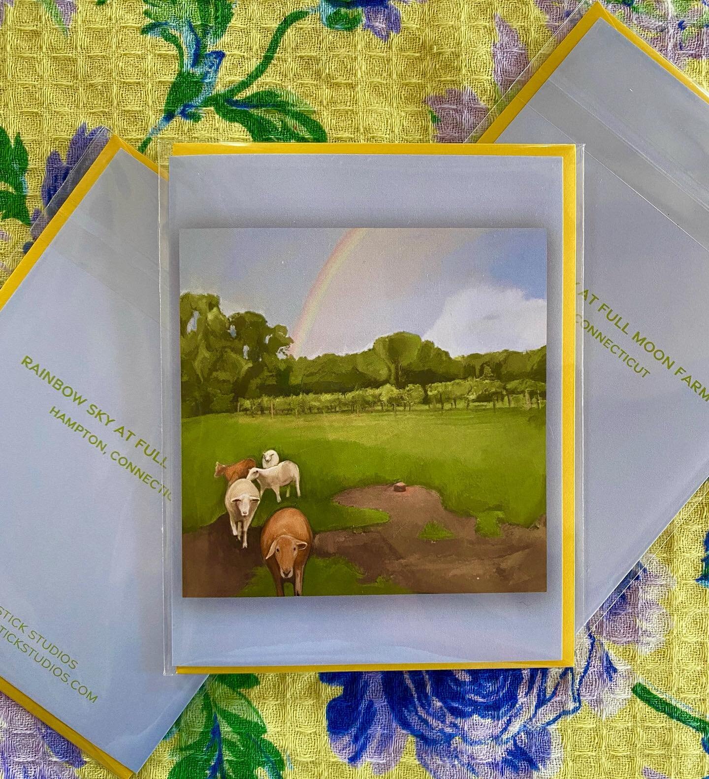 Oooooo do I love a good collaboration! The talented @porkchopstickstudios painted a photo I took of our flock of sheep under a rainbow from last summer. Now they&rsquo;re available for you to enjoy in card form at the farmstand 💚🐑🌈