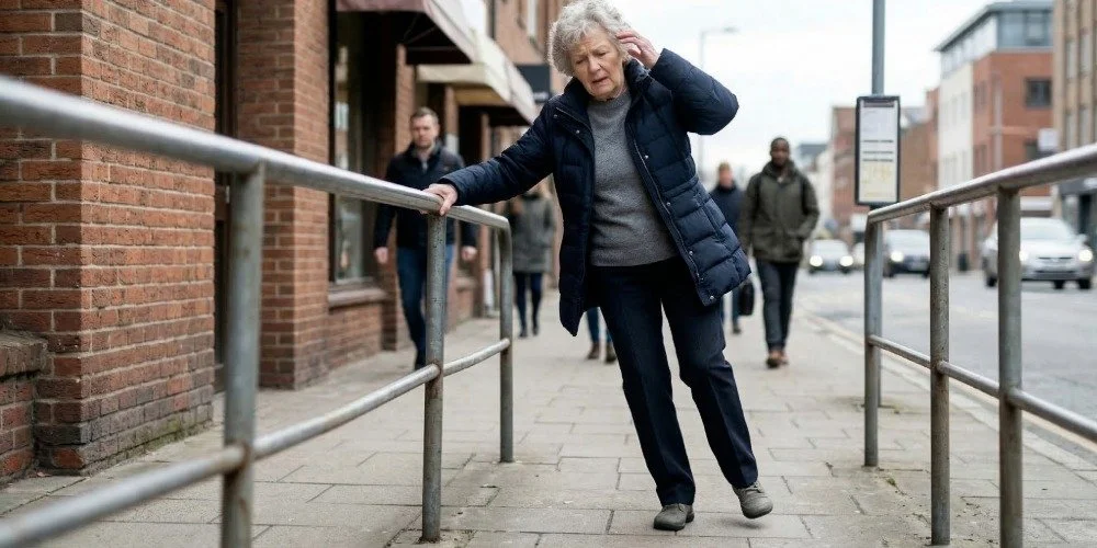 woman losing balance and grabbing onto railing