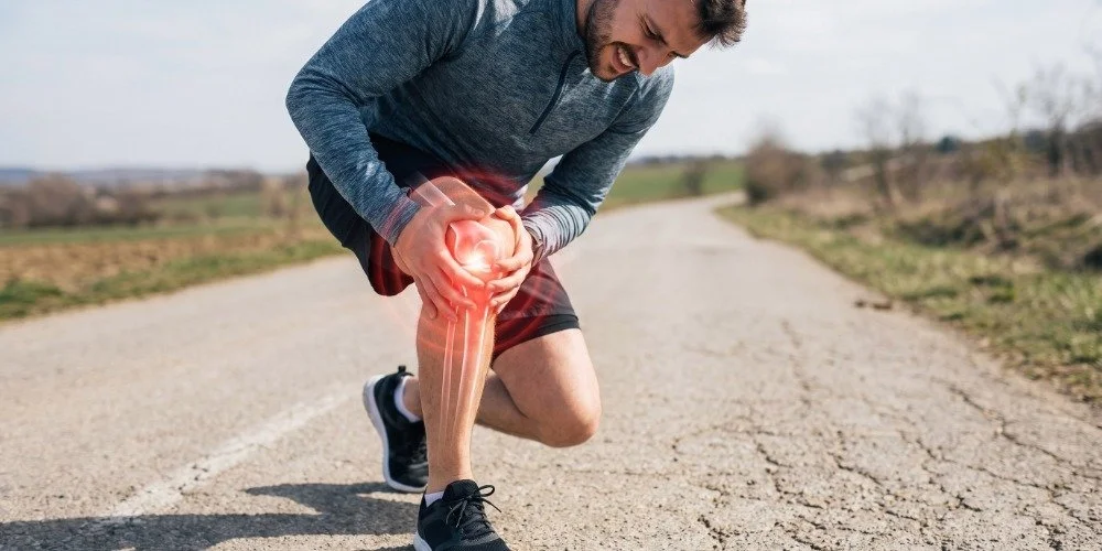 person crouching over due to knee pain