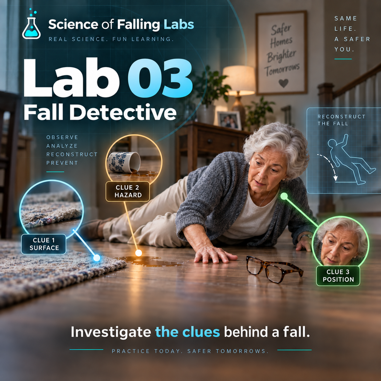 Fall Detective cover showing clues from an investigated fall scene.