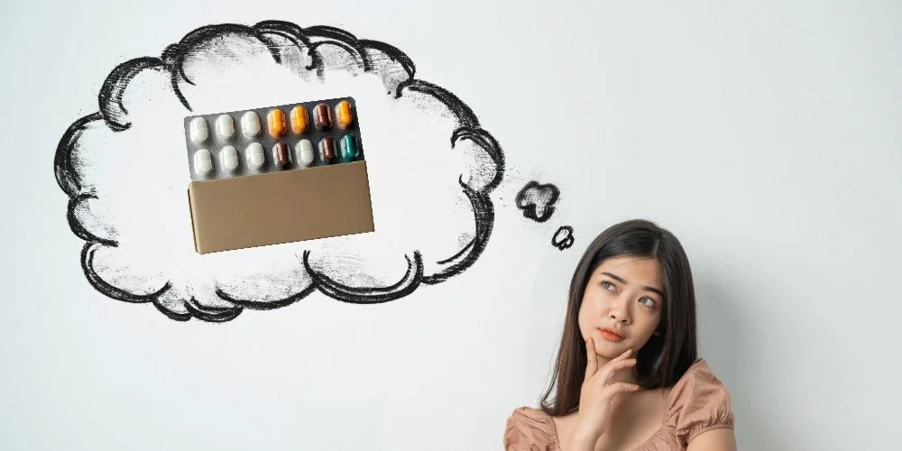 person with thought bubble showing medications