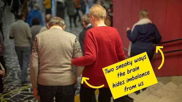 image demonstrating how the brain, and another lady holding onto railing to keep balanced can mask balance issues with a couple holding each other for balance