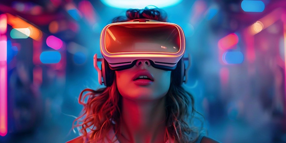 woman wearing a VR headset in a virtual world