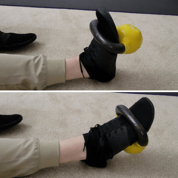 kettle bell on foot with foot flexing up and down