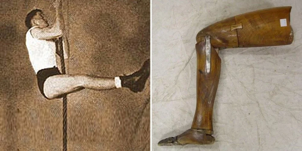 George Eyser climbing rope with image of wooden leg