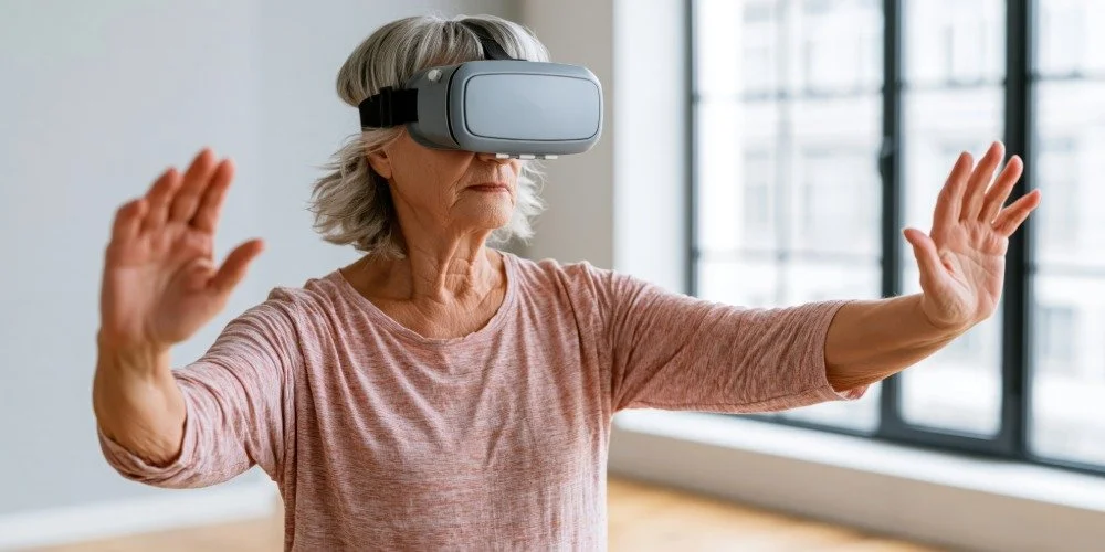 woman wearing a VR headset doing exercise