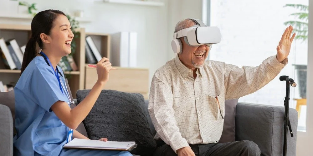healthcare worker and patient wearing VR headset