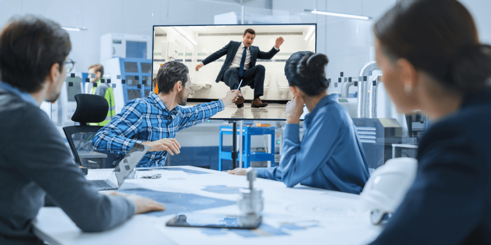 image of group of people analyzing a falling person on a tv