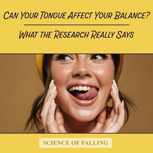 women sticking her tongue out with the article title, "Can Your Tongue Affect Your Balance? What the Research Really Says"