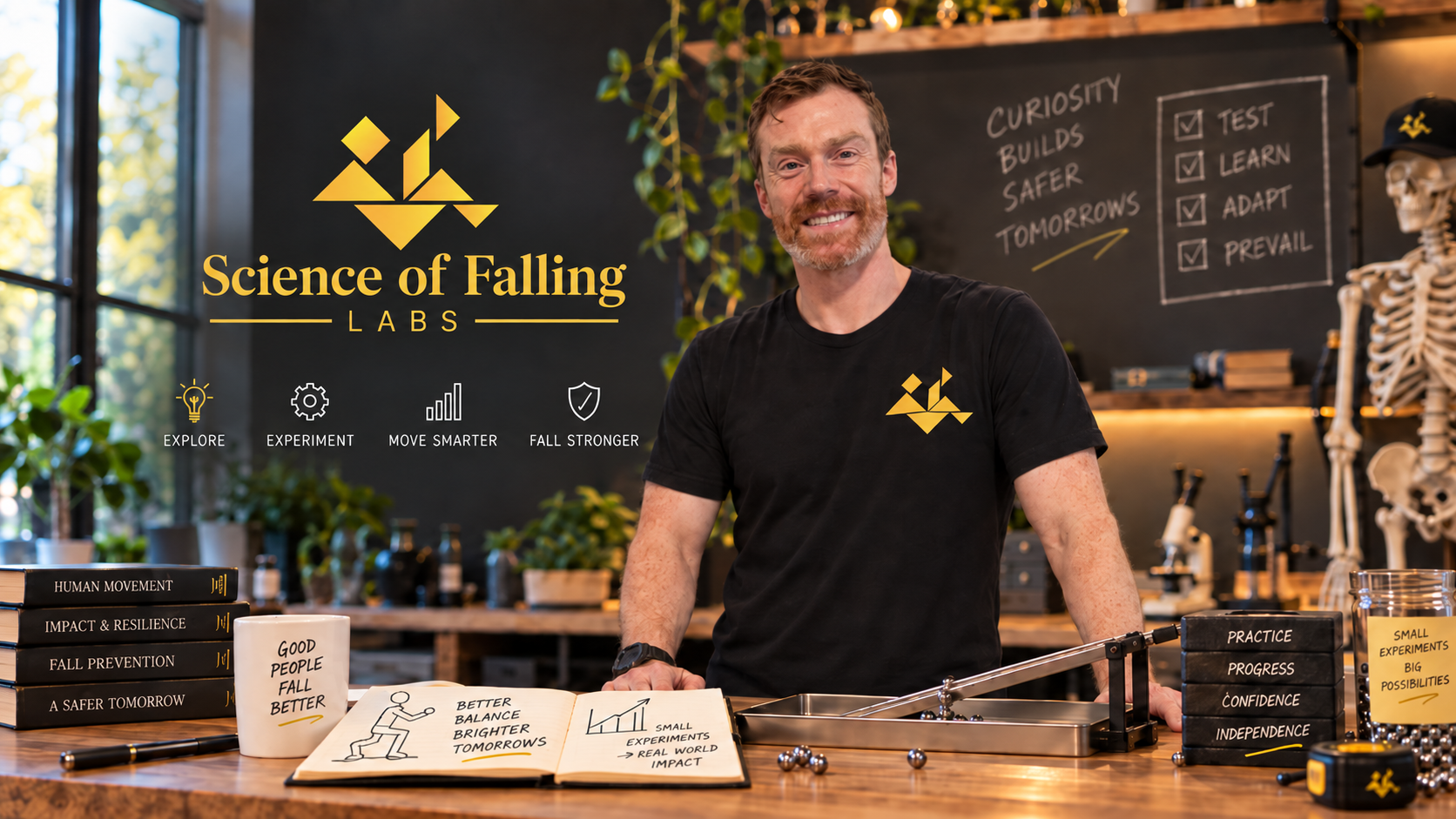 Science of Falling Labs banner with Brent in workshop setting.