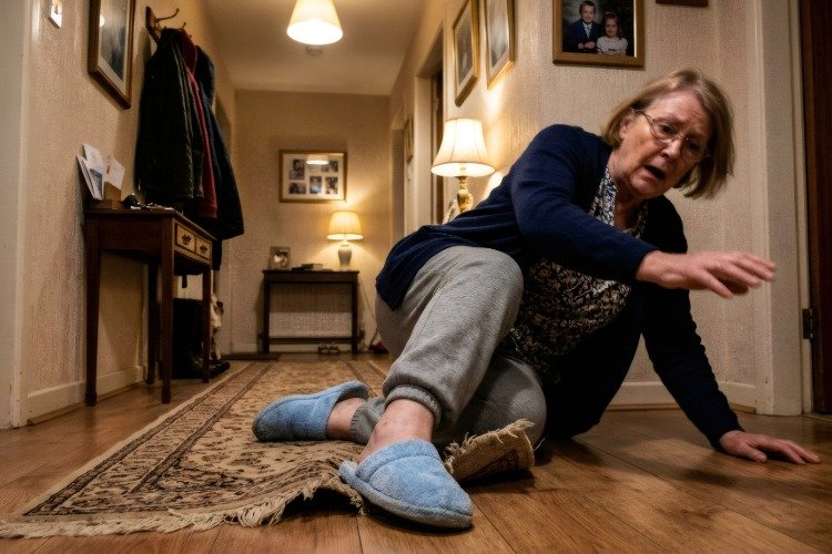 older person falling on a rug