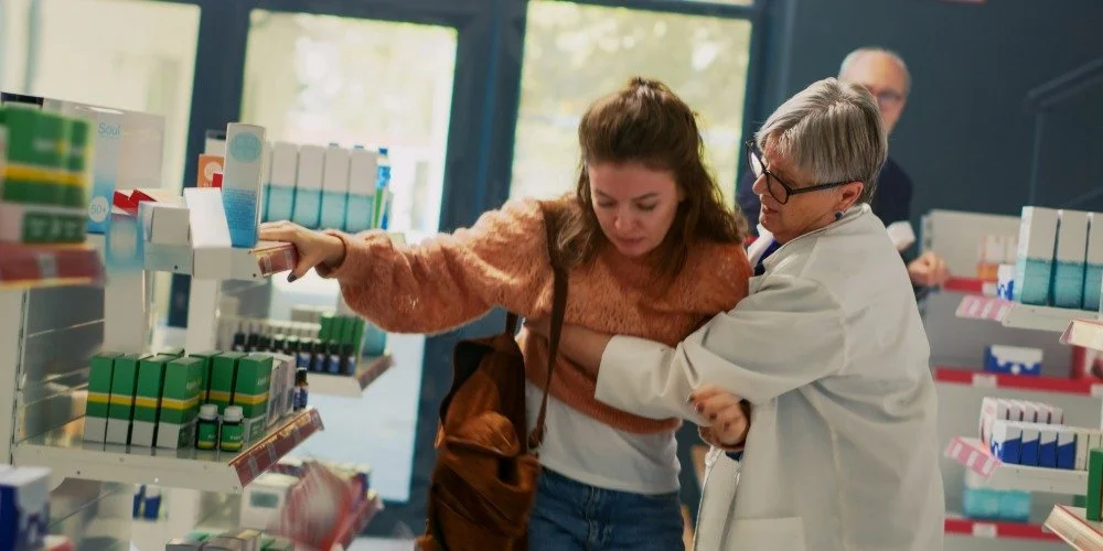 woman having hard time balancing in a pharmacy