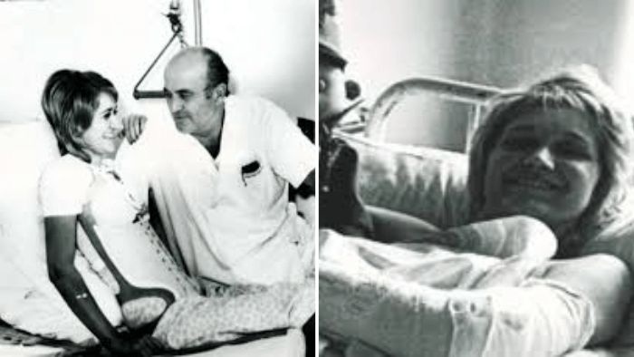 two images of Vesna vulovic in the hospital recovering from JAT Flight 367 crash