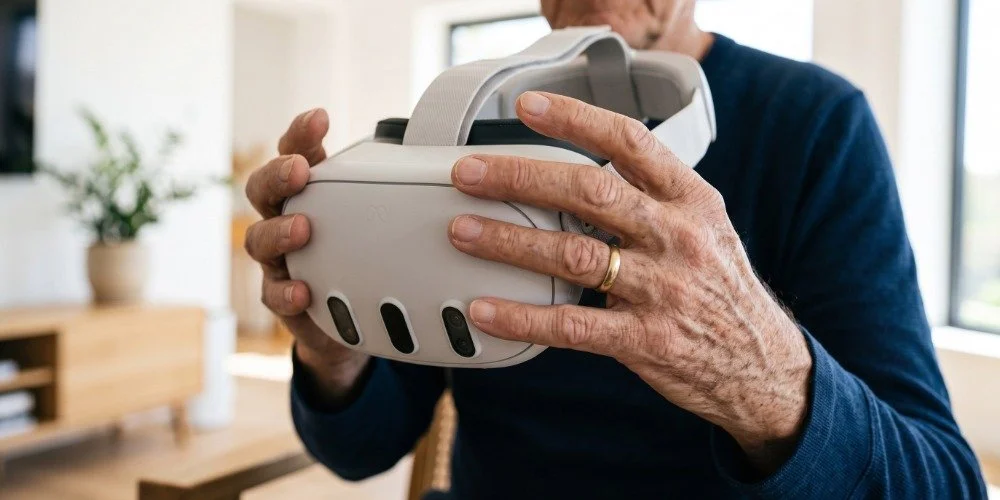 older man holding a VR headset
