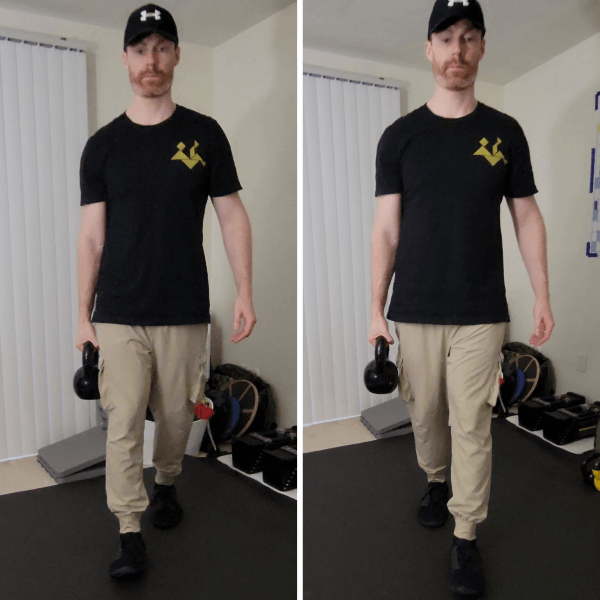 Brent holding weight in one hand while walking