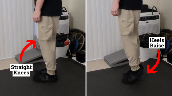 man standing with straight knees then lifting heels