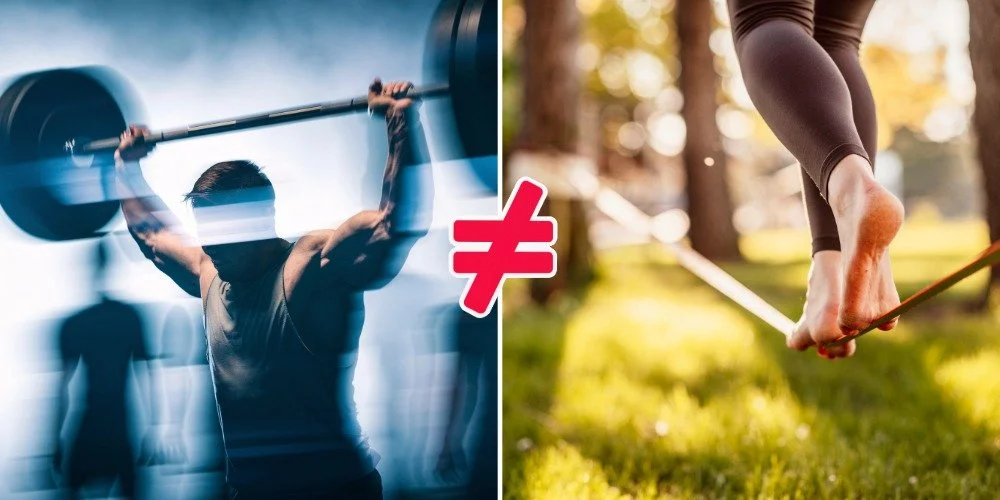 image of bodybuilder lifting weights, a non equal sign, and a person slacklining