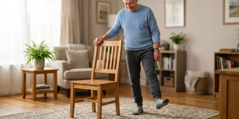 man practicing movement next to a chair