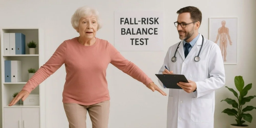 person taking a fall risk balance test with medical professional