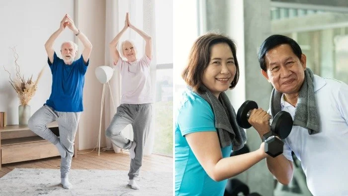 two images of people balancing and lifting weights